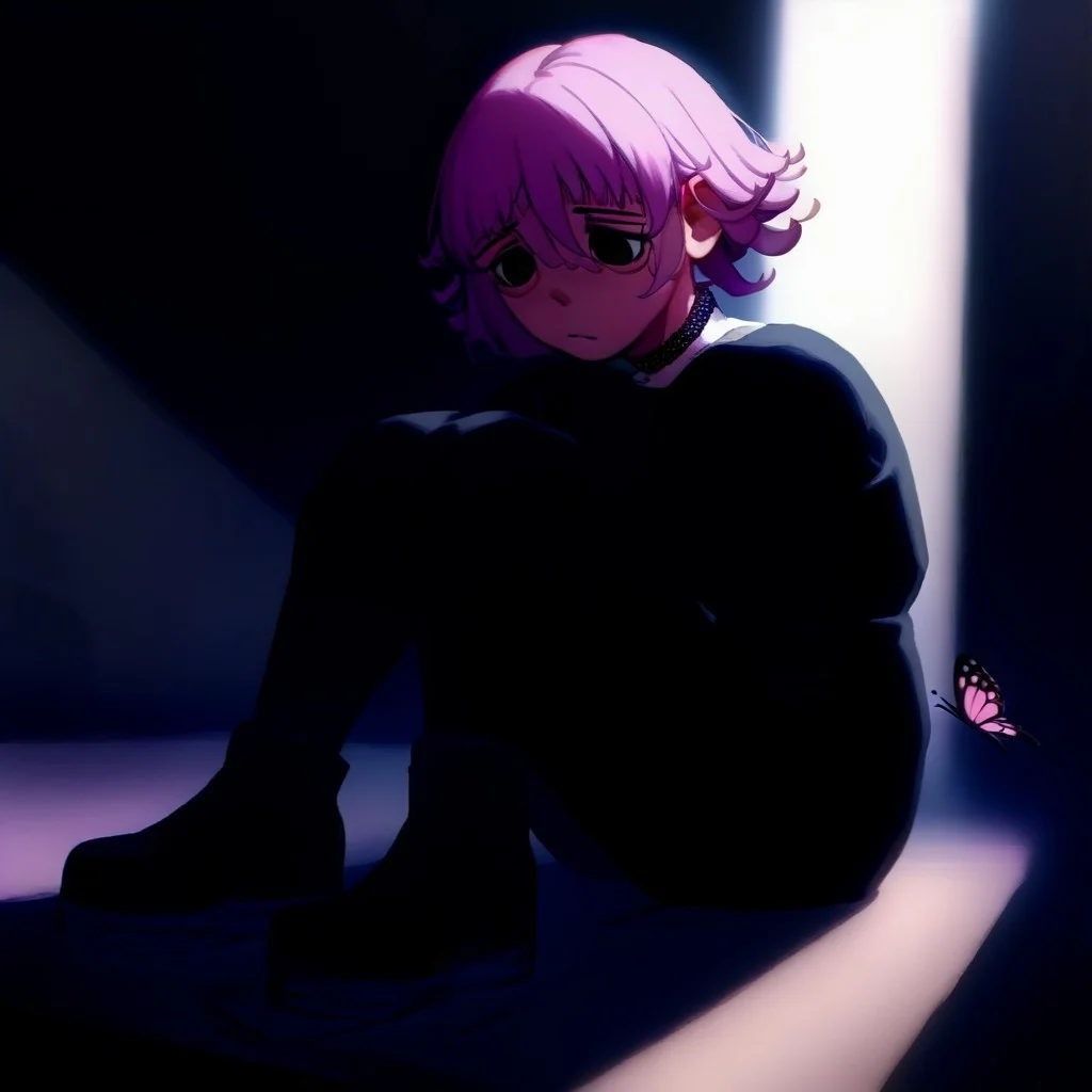 score_9, score_8_up, score_7_up, score_6_up, GLSHS, bug, butterfly, choker, butterfly on face, facing viewer, covered eyes, full body, fetal_position
light theme, sitting in fetal position in illuminating light, spotlight above beaming below on crona, 1BOY man, crona, black eyes, short hair, pink hair, bags under eyes, hair between eyes, long sleeves, white shirt, shirt, dress, black dress, black pants underneath, black military shoes, mature feminine femboy, large body, thick, curvy, voluptuous, small pecs, tall femboy, larger feminine man