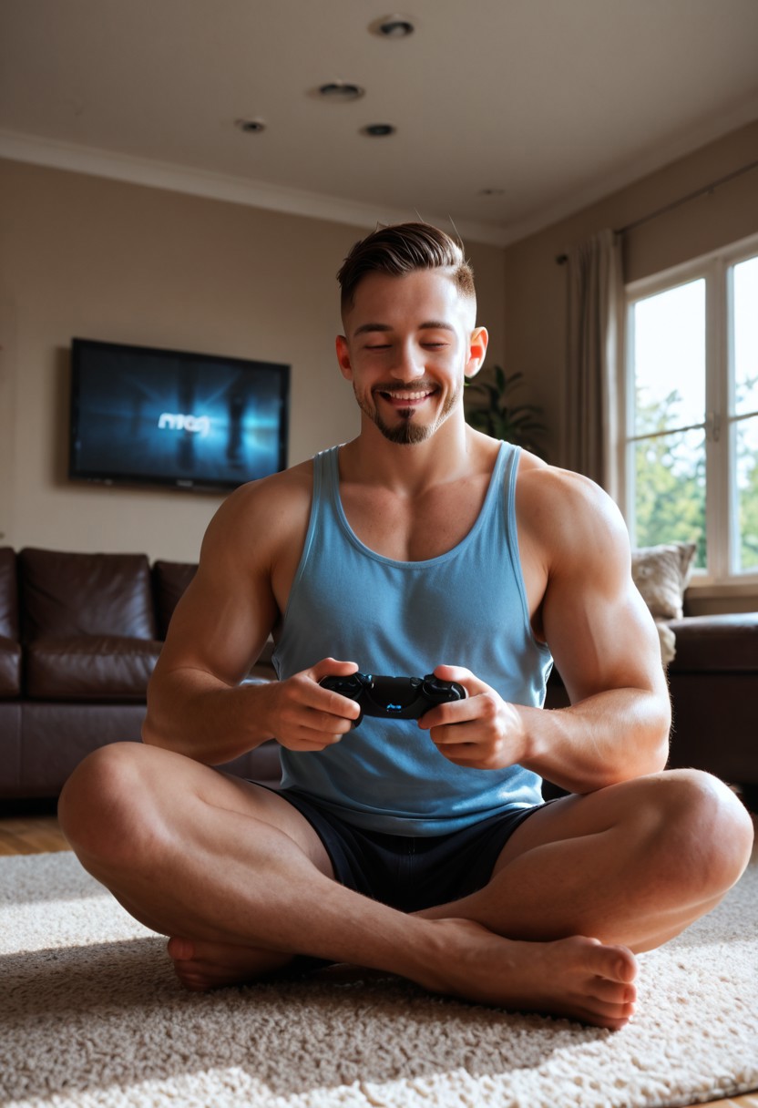 Photo, 1boy, male focus, muscular, sitting on floor, playing videogames, controller, one eye closed, brown eyes, happy, tank top, shorts, goatee, undercut, PlayStation, living room, window, soft lighting, bloom effect, subsurface scattering, intricate cinematic background, very awa, masterpiece, best quality, absurdres, newest, perfect quality, detailed background, intricate details