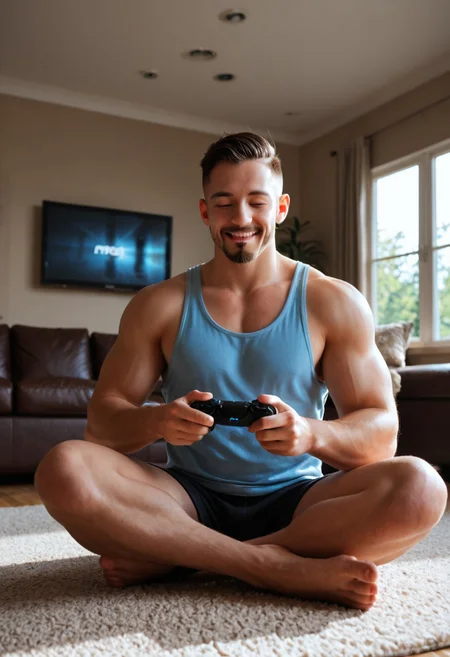 Photo, 1boy, male focus, muscular, sitting on floor, playing videogames, controller, one eye closed, brown eyes, happy, tank top, shorts, goatee, undercut, PlayStation, living room, window, soft lighting, bloom effect, subsurface scattering, intricate cinematic background, very awa, masterpiece, best quality, absurdres, newest, perfect quality, detailed background, intricate details