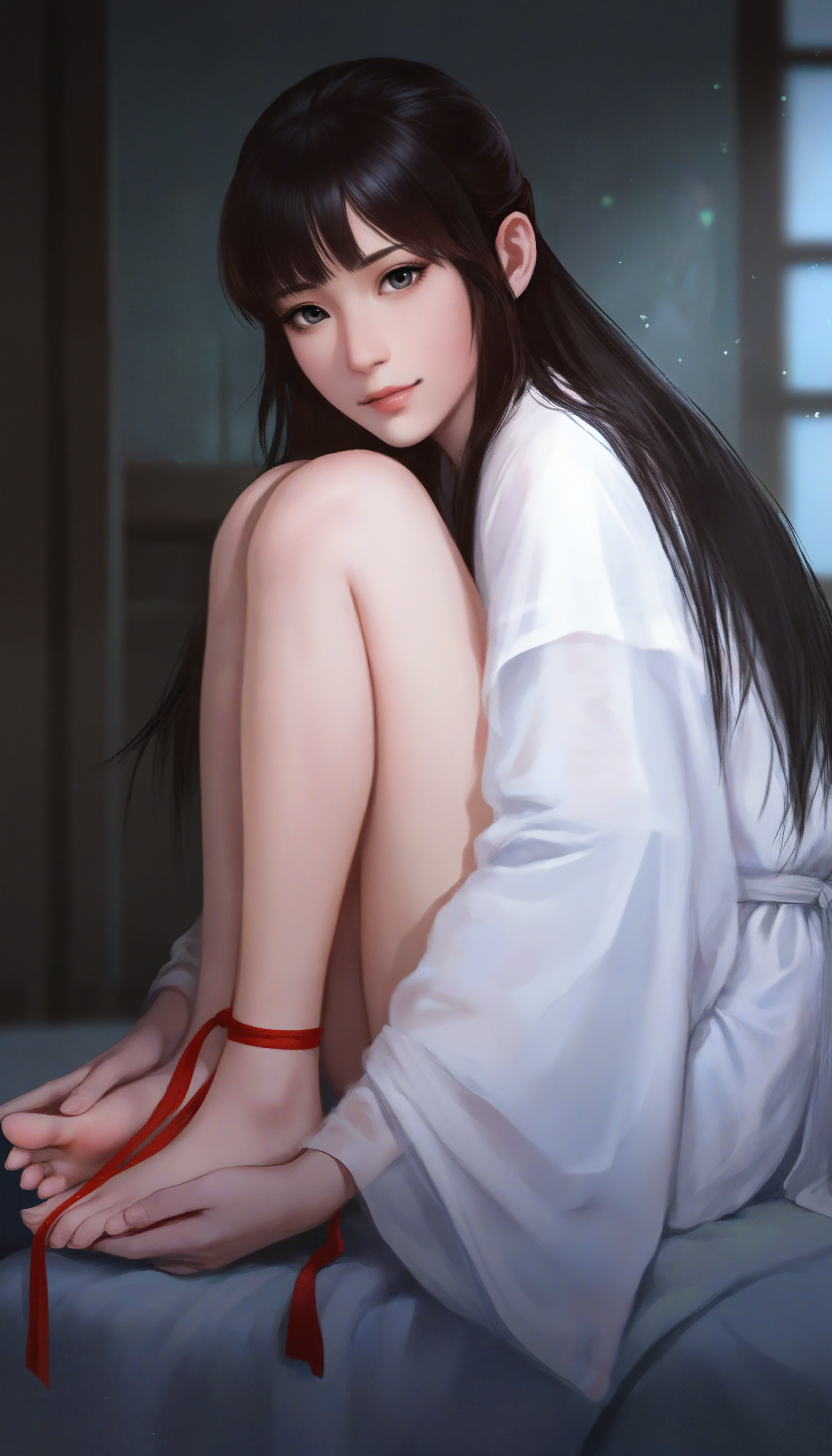 masterpiece,best quality,amazing quality,
<lora:wangyuanjiNAI:1>,wangyuanji,
realistic,
1girl,solo,black hair,blunt bangs,low long hair,grey eyes,
white robe,barefoot,
sitting,looking at viewer,hugging legs,(holding foot:1.2),spread toes,red ankle ribbon,from side,
window,indoors,bed,
soft lighting,depth of field,light particles,fog,