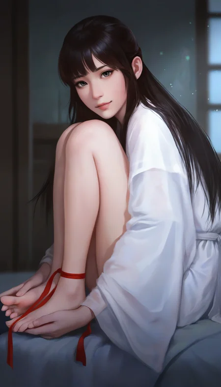 masterpiece,best quality,amazing quality,
<lora:wangyuanjiNAI:1>,wangyuanji,
realistic,
1girl,solo,black hair,blunt bangs,low long hair,grey eyes,
white robe,barefoot,
sitting,looking at viewer,hugging legs,(holding foot:1.2),spread toes,red ankle ribbon,from side,
window,indoors,bed,
soft lighting,depth of field,light particles,fog,