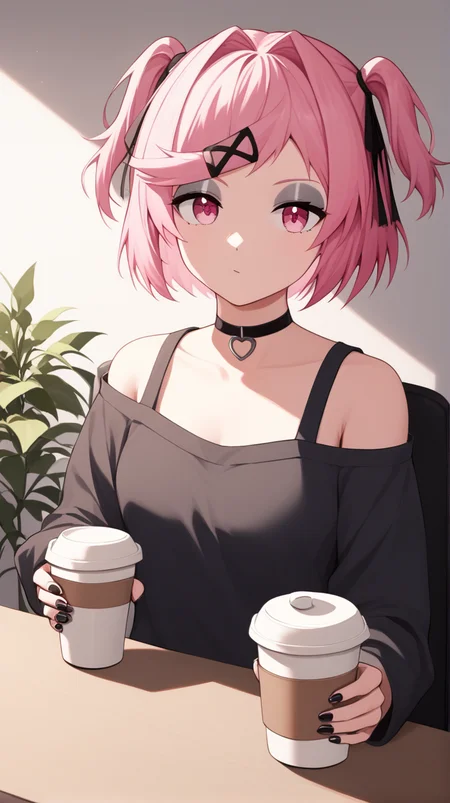 <lora:Gothsuki:1> gothsuki, 1girl, pink hair, hair ornament, two side up, pink eyes, solo, bangs, hairclip, short hair, ribbon, choker, black nails, black choker, nail polish,
drinking (coffee:1.2), (cafe pacefully:1.2), (casual attire:1.1), (seated at table:1.1), (natural lighting:1.1), (relaxed expression:1.1), (high-resolution digital illustration:1.1), (clear outlines:1.1), (vibrant colors:1.1), (emotion-focused:1.1), (anime style:1.1), (character illustration:1.1), (detailed background:1.1), (soft shadows:1.1), (nuanced textures:1.1), score_9, score_8_up, score_7_up,1girl,solo female, epic photograpy, extremely detailed, high quality, absurd res, high res, BREAK