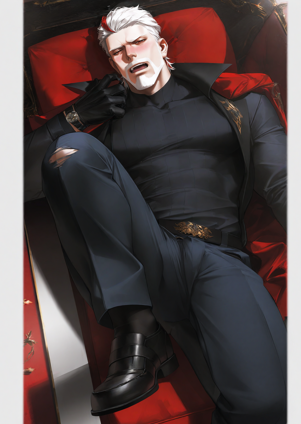 realistic shading,expressive face,looking at viewer,1boy,beard,white hair,facial hair,beard,mature male,mustache,short hair,red eyes,gloves,black footwear,black gloves,<lora:MORIIIL:0.7>,Black inner,old,aged up,manly,dynamic angle,masterpiece,best quality,dynamic angle,intricately detailed illustration,masterpiece,best quality,amazing quality,very aesthetic,absurdres,newest,sikin tight,moaning,full body,exhausted,half-closed eyes,full-face blush,, score _9,score_8_up, score_7_up,source_anime,rating_explicit,