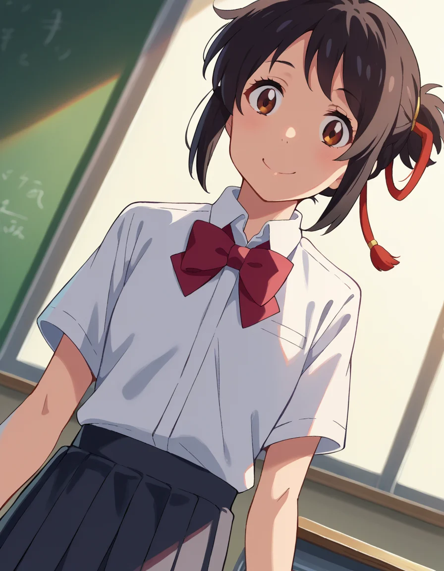 score_9, score_8_up, score_7_up, source_anime,
mitsuhamiyamizu, <lora:mitsuha-miyamizu-ponyxl-lora-nochekaiser:1>,
mitsuha miyamizu, black hair, brown eyes, smile,
short hair, bow, ribbon, hair bun, school uniform, hair ribbon, bowtie, red ribbon, shirt, white shirt, collared shirt, short sleeves, skirt, black skirt, pleated skirt,
indoors, classroom,
looking at viewer, dutch angle, cowboy shot,