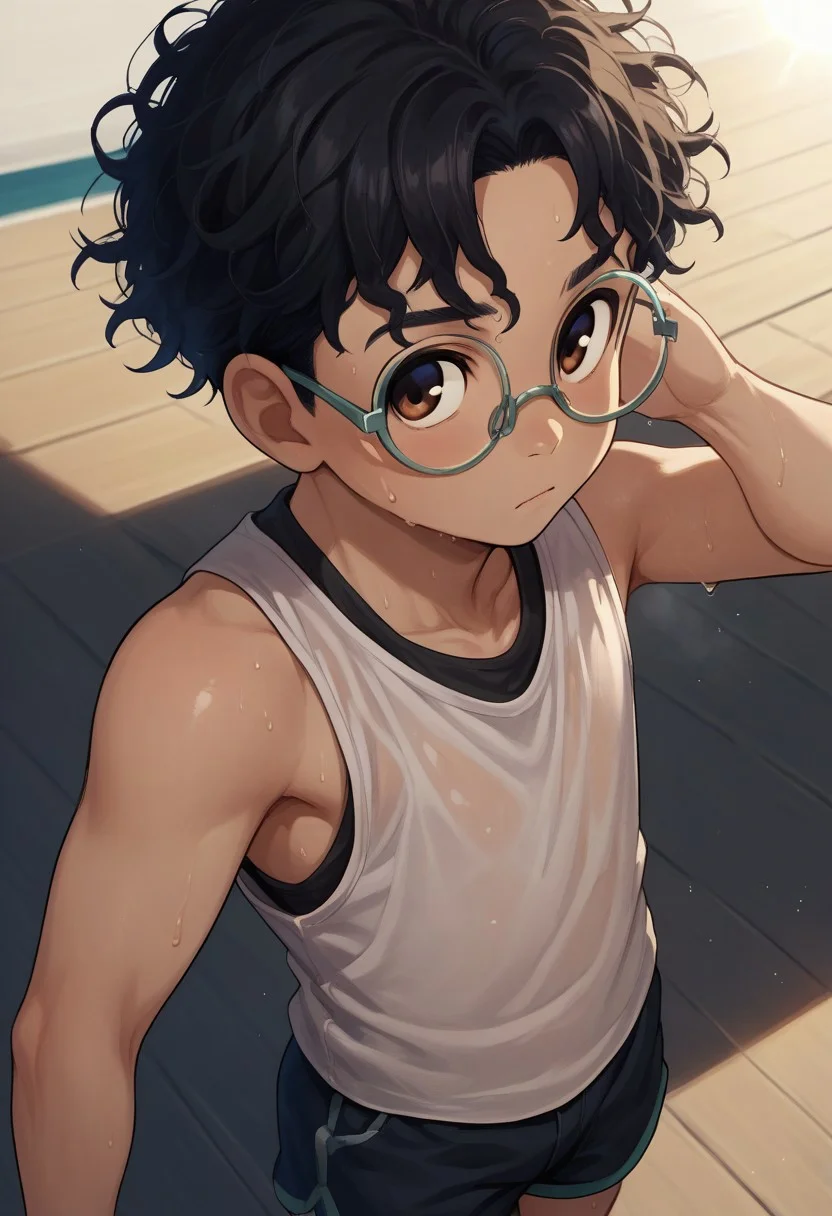 score_9, score_8_up, score_7_up, source_anime, highly detailed, young, 1boy, solo, cute boy, okarun, black hair, curly hair, brown eyes, glasses, tank top, shorts, sweaty, hot, sun, sweat,