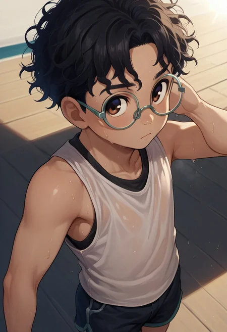 score_9, score_8_up, score_7_up, source_anime, highly detailed, young, 1boy, solo, cute boy, okarun, black hair, curly hair, brown eyes, glasses, tank top, shorts, sweaty, hot, sun, sweat,