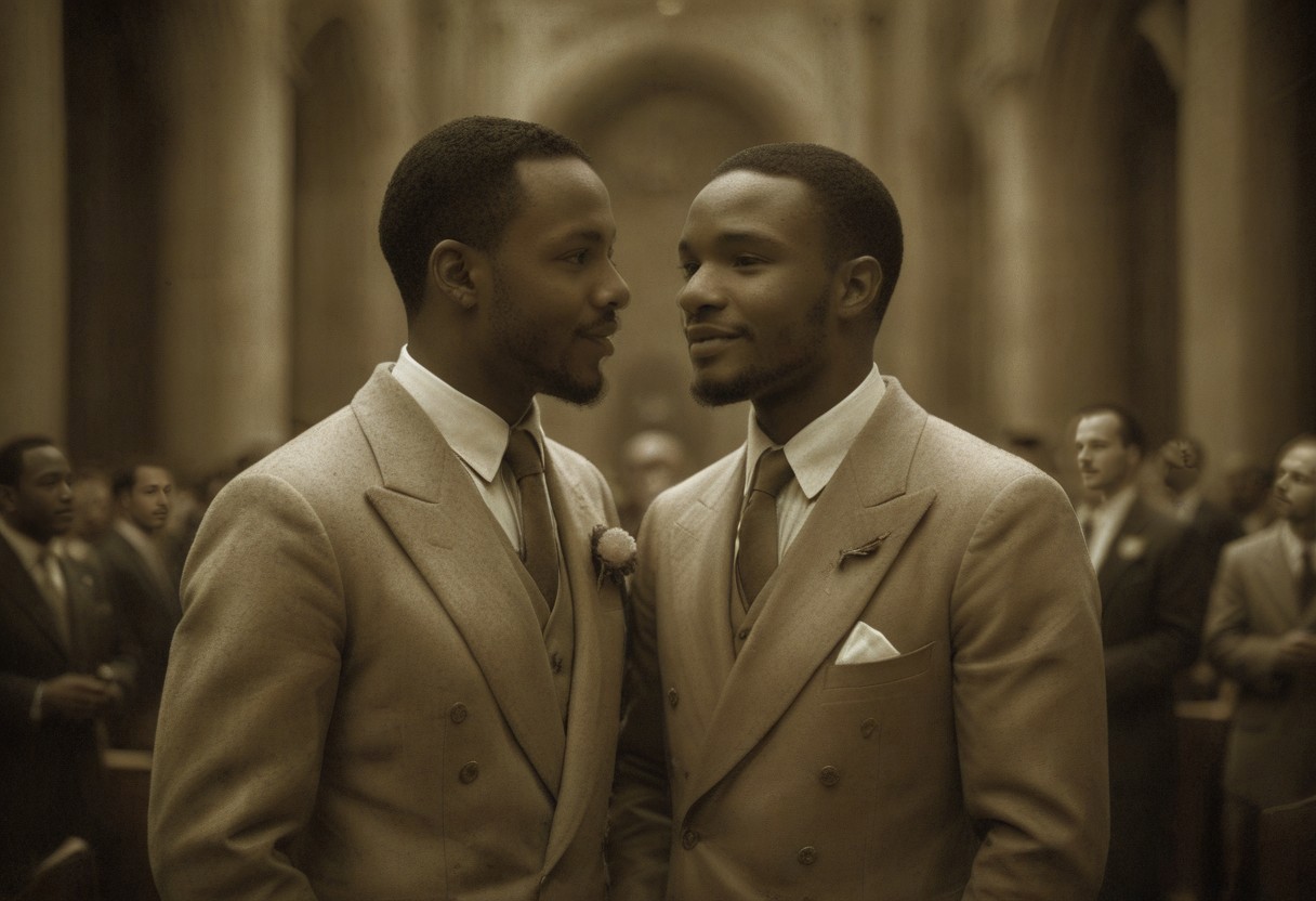 (((((A professional, hyper-realistic, ultra-high-resolution monochrome photo in deep AgedSepiaCE tones, resembling authentic 1930s vintage monochrome photography))))). (((((((The entire image is monochromatic sepia with no color))))))). two very happy smiling handsome gay african men marrying each other, dressed in white tuxedos, with dark lapel flowers and dark bow ties, getting married inside a grand Catholic cathedral. They are leaning in towards each other, kissing. Both gazing into each others' eyes. ((((((The lighting and shadows reflect a soft, aged sepia hue, with a warm, nostalgic atmosphere typical of 1930s wedding photographs)))))). The photo has some signs of wear. on the edges and a couple of scratches.