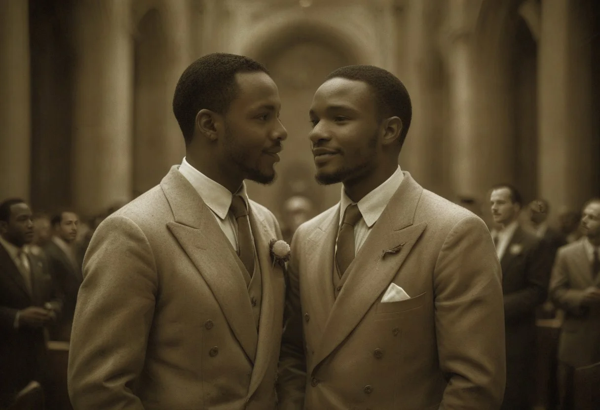 (((((A professional, hyper-realistic, ultra-high-resolution monochrome photo in deep AgedSepiaCE tones, resembling authentic 1930s vintage monochrome photography))))). (((((((The entire image is monochromatic sepia with no color))))))). two very happy smiling handsome gay african men marrying each other, dressed in white tuxedos, with dark lapel flowers and dark bow ties, getting married inside a grand Catholic cathedral. They are leaning in towards each other, kissing. Both gazing into each others' eyes. ((((((The lighting and shadows reflect a soft, aged sepia hue, with a warm, nostalgic atmosphere typical of 1930s wedding photographs)))))). The photo has some signs of wear. on the edges and a couple of scratches.