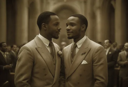 (((((A professional, hyper-realistic, ultra-high-resolution monochrome photo in deep AgedSepiaCE tones, resembling authentic 1930s vintage monochrome photography))))). (((((((The entire image is monochromatic sepia with no color))))))). two very happy smiling handsome gay african men marrying each other, dressed in white tuxedos, with dark lapel flowers and dark bow ties, getting married inside a grand Catholic cathedral. They are leaning in towards each other, kissing. Both gazing into each others' eyes. ((((((The lighting and shadows reflect a soft, aged sepia hue, with a warm, nostalgic atmosphere typical of 1930s wedding photographs)))))). The photo has some signs of wear. on the edges and a couple of scratches.