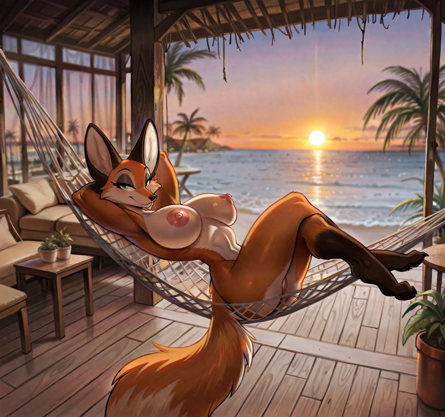 masterpiece, best quality, <lora:BeachBungalow-10:1> <lora:Lordstevie_Illustrious:1.2>, bungalow, resort, explicit, l0rdstevie, furry, (dynamic view), nude, orange-skinned fox woman, BREAK (scenery), clutter, on hammock, sunset, couch, chair, table, potted plant, , depth of field, indoors,(( on patio)), detailed background,