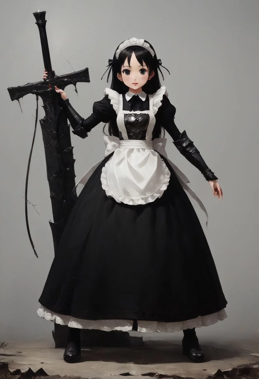 (zPDXL2), 1girl, (a cute maid holding a single weapon in her left hand:1.4), full body, (((one-handed grip, giant long sword, weapon raised, thick blade))), light armor, dress, maid, shortstack, dainty, (waste land background, in the distance many broken weapons scattered about, battlefield),
BREAK expressiveh
