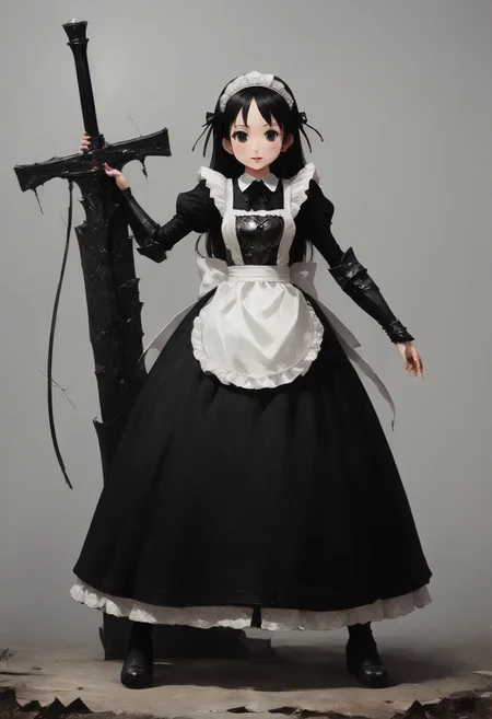 (zPDXL2), 1girl, (a cute maid holding a single weapon in her left hand:1.4), full body, (((one-handed grip, giant long sword, weapon raised, thick blade))), light armor, dress, maid, shortstack, dainty, (waste land background, in the distance many broken weapons scattered about, battlefield),
BREAK expressiveh