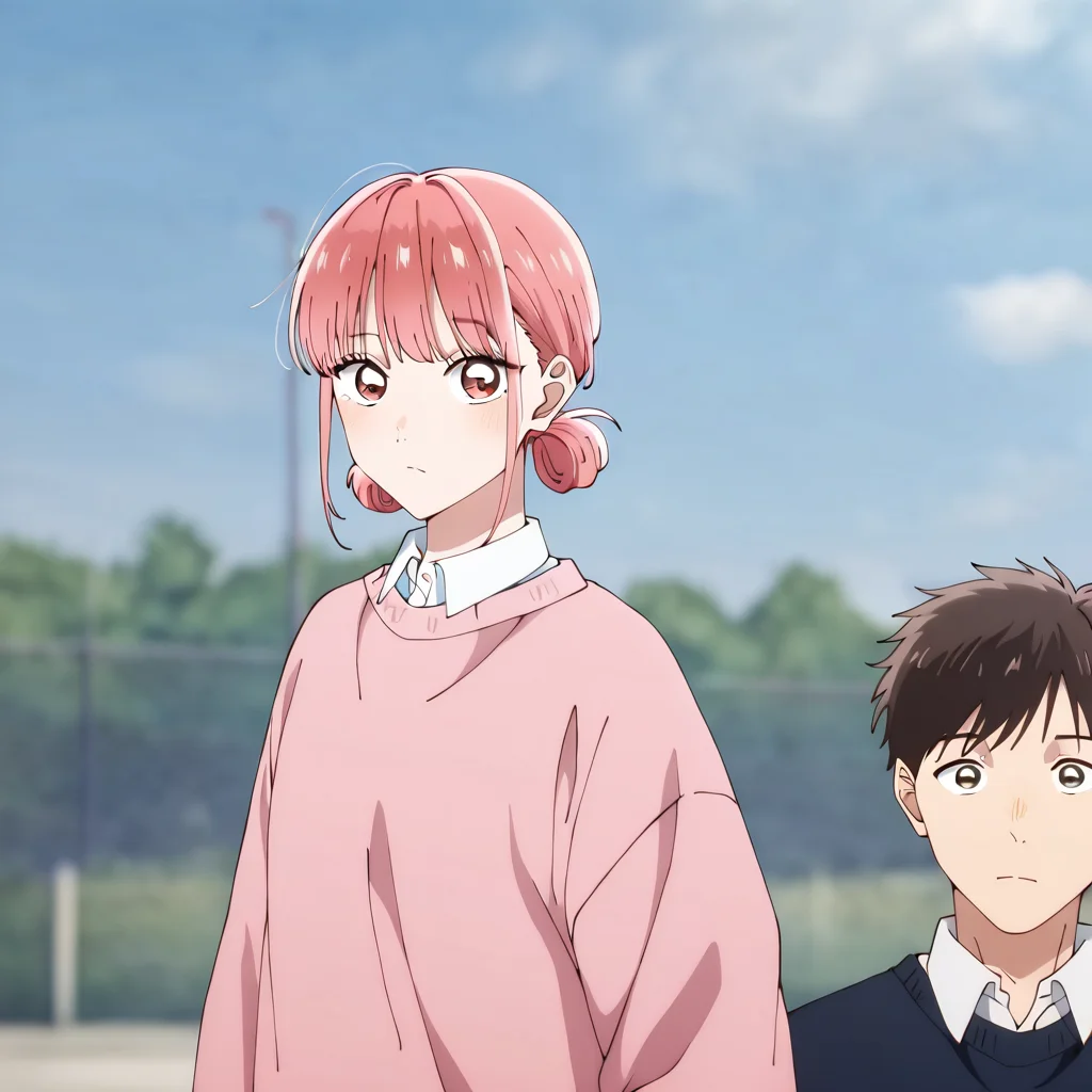 1girl, general, closed mouth, sky, 1boy, long sleeves, 1girl, blurry background, pink sweater, looking at viewer, hina chono, blurry, blue leotard masterpiece, best quality, 8k, absurdres, very aesthetic, Hina Chono <lora:Hina_Chono:0.8>