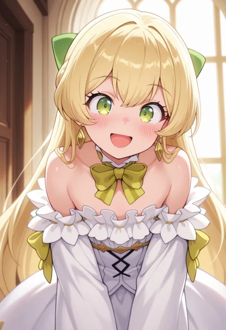 masterpiece,best quality,amazing quality, telestia terra esfort, blonde hair, long hair, green eyes, 1girl, solo, earrings, jewelry, smile, open mouth, :d, bow, blush, bare shoulders, green bow