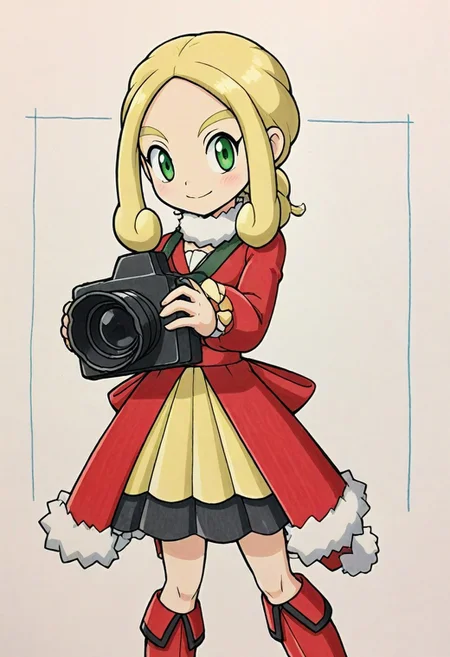 2d, masterpiece, best quality, amazing quality, 1girl, solo, close-up, upper body, simple background, traditional media, sketch, detailed lines,   manga style , pencil sketch style, soft shading, soft delicate features, 
hoviola, ex colors, green eyes, blonde hair, sidelocks, red coat, coat, long sleeves, white fur collar, white fur trim, red sash, yellow dress, hair ornanent, knees, knee boots, red footwear, camera, holding camera