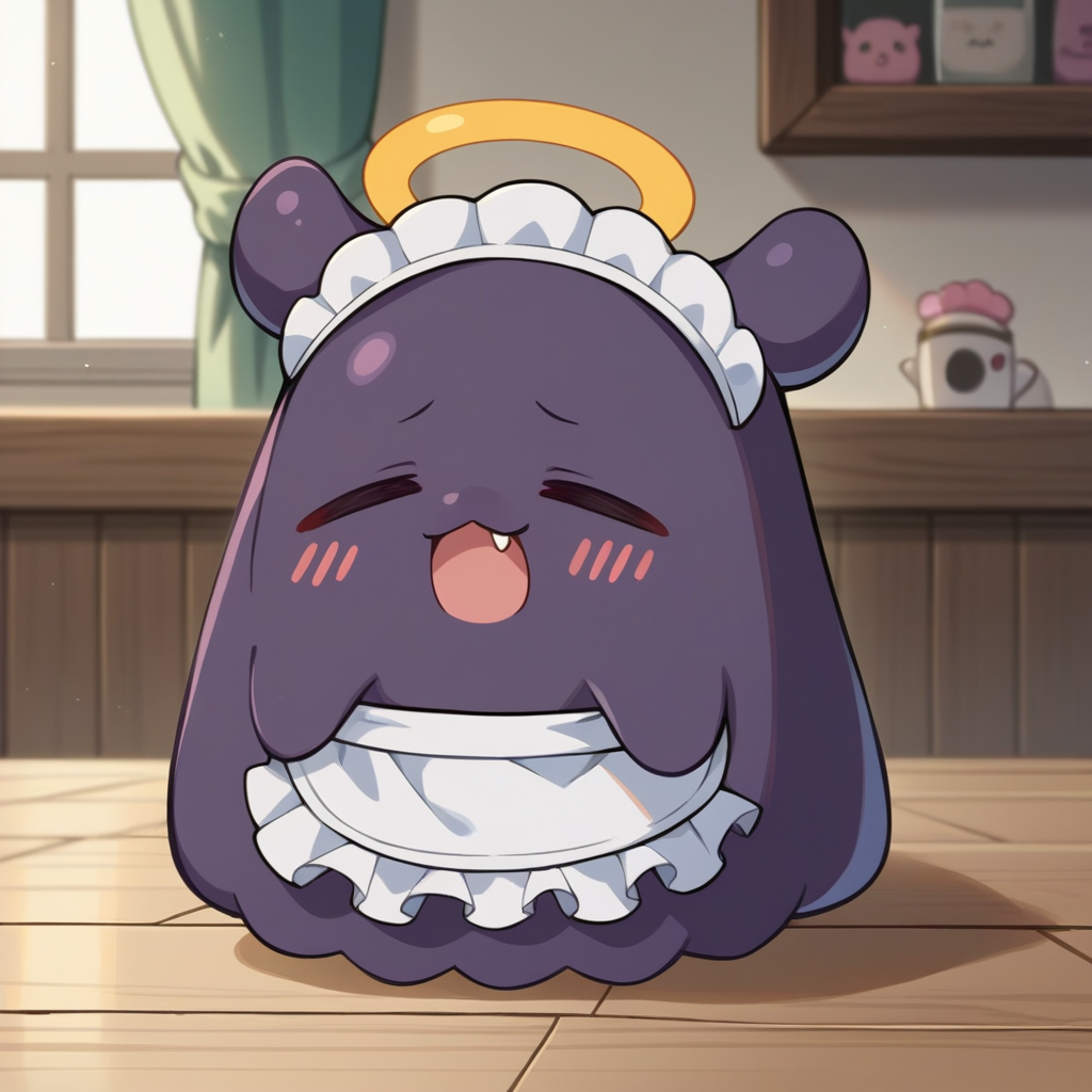 score_9, score_8_up, source_anime, Takodachi, no humans, chibi, octopus, halo, closed eyes, :3, blush, fang, open mouth, indoors, maid headdress, <lora:ChamTakodachiPonyXL:1>