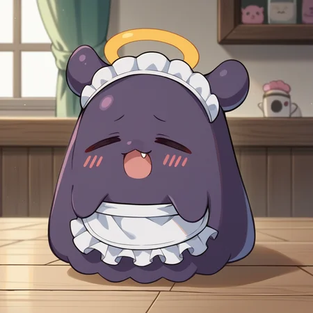 score_9, score_8_up, source_anime, Takodachi, no humans, chibi, octopus, halo, closed eyes, :3, blush, fang, open mouth, indoors, maid headdress, <lora:ChamTakodachiPonyXL:1>