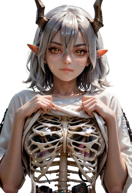 PonyScores7, source_anime, hi res, masterpiece, best quality, highres, shiny skin, shiny, perfect eyes, detailed face, Metanoia_PS, translucent_body, transparent_body, see-through_body , 1girl, horns, yellow eyes, white background, ribs, pointy ears, simple background, grey hair, closed mouth, large breasts, skeleton, looking at viewer, upper body, shirt lift, sweatdrop, hair between eyes, medium hair, clothes lift, slit pupils, blush