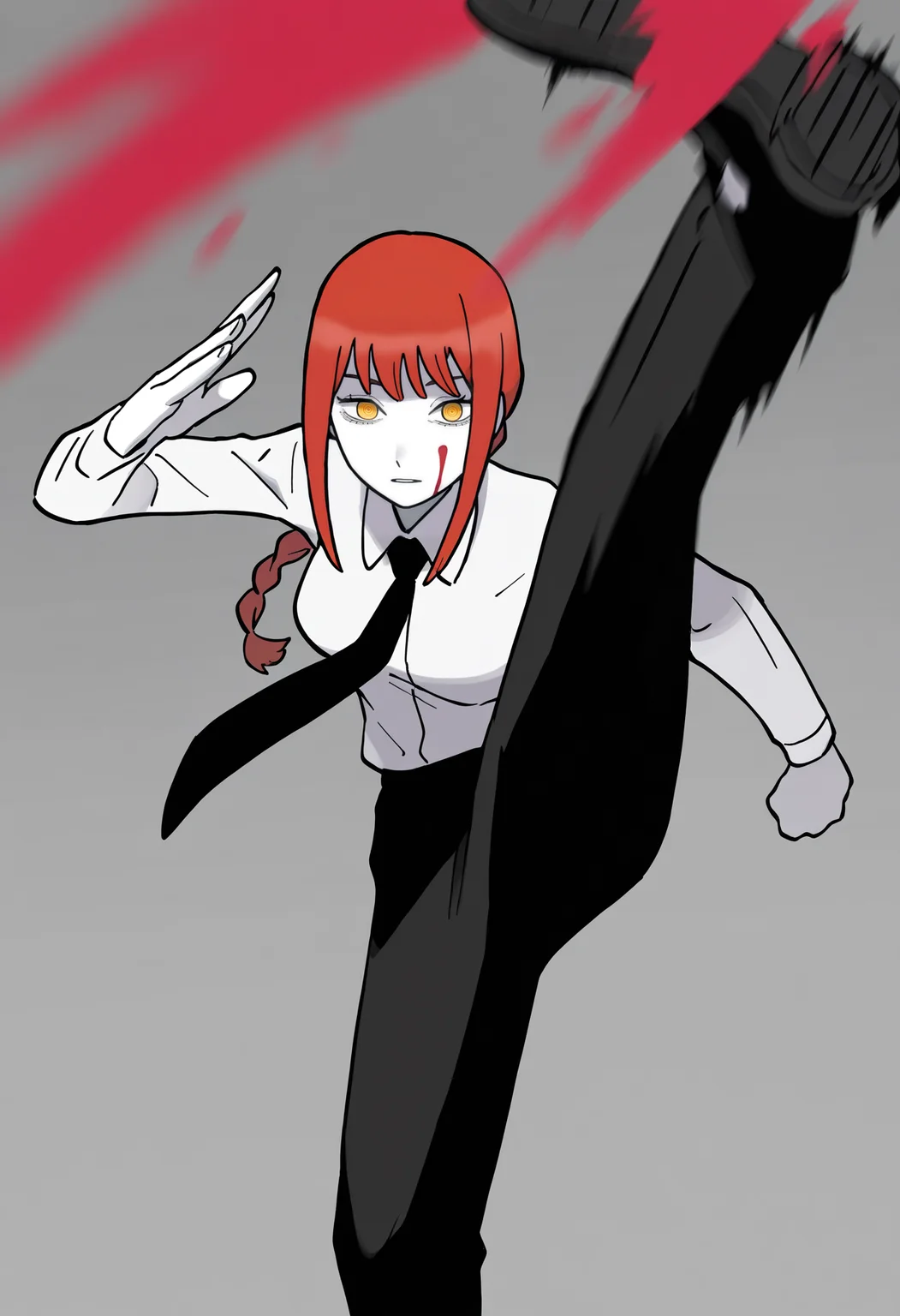sugimori ken,
best quality, amazing quality, very aesthetic, absurdres,
1girl, Makima (Chainsaw Man), 1girl, red hair, braided ponytail, long hair, ringed eyes, yellow eyes,
black necktie, business suit, collared shirt, office lady, white shirt, white skin, black pants,
formal, gendou pose, long sleeves,
looking at viewer, red blood on face, clenched hand, greyscale, kicking, monochrome, motion blur, motion lines, split, spot color, standing on one leg <lora:KenSugimoriIllustriousLocon_byKonan:1>