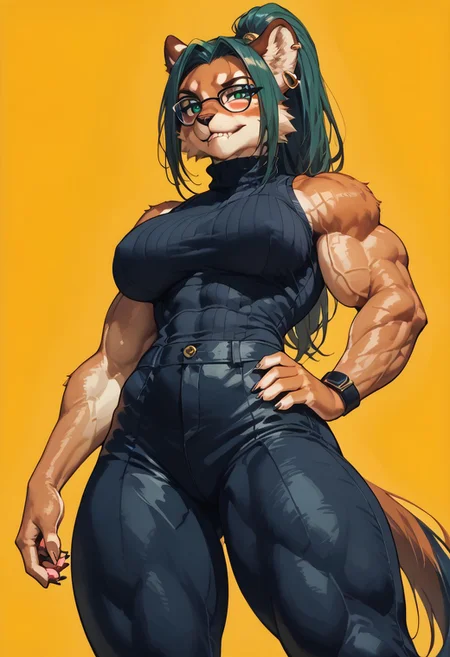 score_9, score_8_up, score_7_up, masterpiece, best quality, unique angle, 1girl, source_furry, anthro, (furry:1.5), (((lioness female))), (presenting ass), wearing ((black Turtleneck)) and ((Wide Leg Trousers)), glasses, ((biting own lip)), half-closed eyes, (golden jewelry), long hair, ponytail, clear green eyes, arm on hip, (seducing viewer), curvy, athletic, looking at viewer, female focus, posing, erotic pose, suggestive pose, open mouth, (bulging muscles:1.7), (bulging breasts), ((wide hips)), (thick thighs:1.2), long legs, voluptuous, (perfect ass), showcasing depth and dimension, abstract yellow background, b3b0p, flat color, dark theme, 2D,