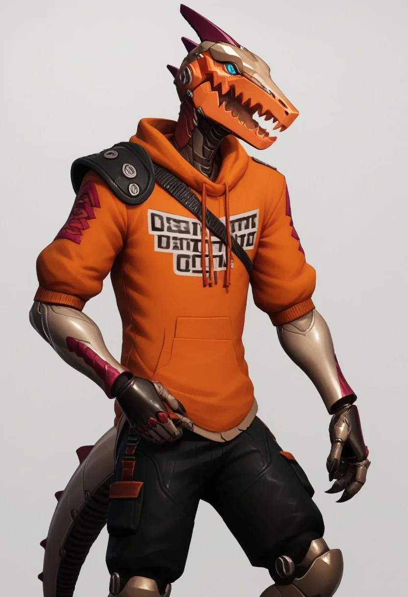 score_9, score_8_up, score_7_up, score_6_up, score_5_up, score_4_up, source_furry
anthro, ((1boy, solo)), Hexsaur,robot, dinosaur, mechanical legs, mechanical arms, humanoid robot, tail, blue eyes, claws,horns, teeth, orange jacket, black pants, shorts
BREAK
detailed background, blank background,