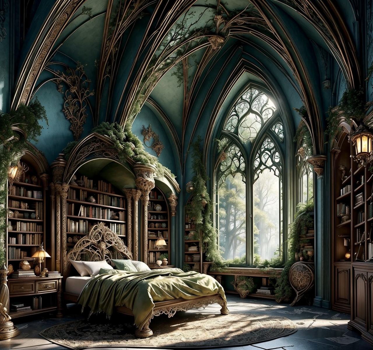 RAW photo, (masterpiece:1.3), subsurface scattering, heavy shadow, (high quality:1.4), (intricate, high detail:1.2), professional photography, HDR, High Dynamic Range, realistic, ultra realistic, photorealistic, high resolution, film photography, ambient lighting, atmospheric effects, <lora:detail_slider_v4:2>, OverallDetail,   <lora:ElvenInterior:1>, arch, bed, book, bookshelf, column, elfint, indoors, lamp, nature, no humans, plant, reflection, scenery, tree, window