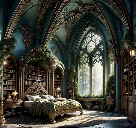 RAW photo, (masterpiece:1.3), subsurface scattering, heavy shadow, (high quality:1.4), (intricate, high detail:1.2), professional photography, HDR, High Dynamic Range, realistic, ultra realistic, photorealistic, high resolution, film photography, ambient lighting, atmospheric effects, <lora:detail_slider_v4:2>, OverallDetail,   <lora:ElvenInterior:1>, arch, bed, book, bookshelf, column, elfint, indoors, lamp, nature, no humans, plant, reflection, scenery, tree, window