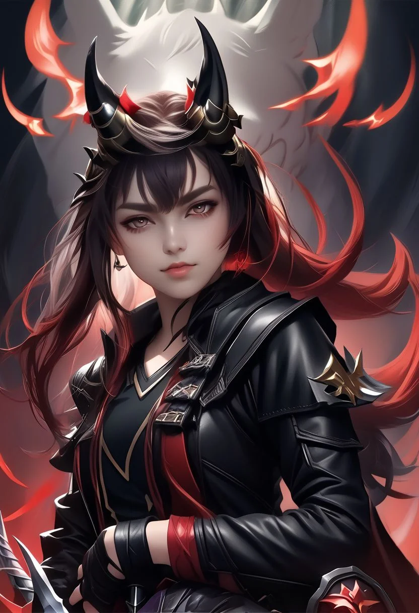 A triple-horned female teen rogue wearing ((leather armor)), black suit, oni girl with wolf-ears, dangerous Kemonomimi waif, brunette assassin, tiefling thief, black hair, three small horns, [onii (Shuna, Hakurou) horns], tri-horns on forhead (masterpiece:1.5), (best quality), (disharmonic + ugly + unaesthetic:1.5)