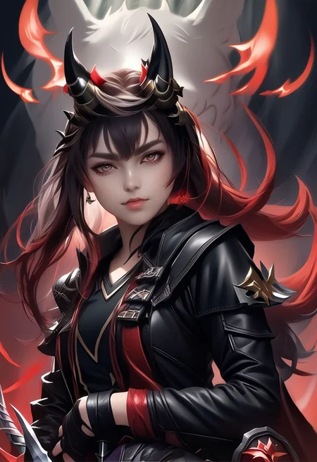 A triple-horned female teen rogue wearing ((leather armor)), black suit, oni girl with wolf-ears, dangerous Kemonomimi waif, brunette assassin, tiefling thief, black hair, three small horns, [onii (Shuna, Hakurou) horns], tri-horns on forhead (masterpiece:1.5), (best quality), (disharmonic + ugly + unaesthetic:1.5)