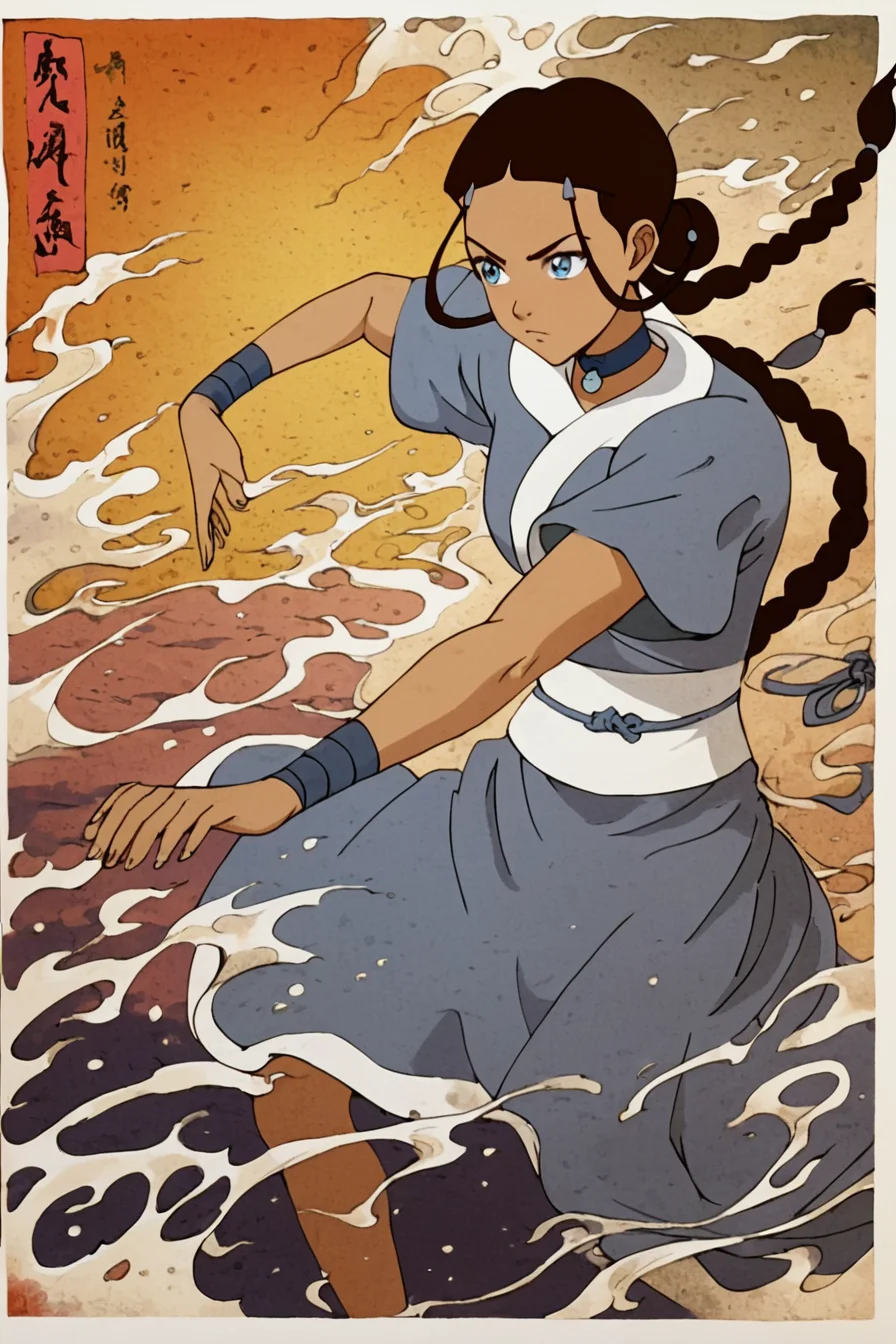 score_9, score_8_up, score_7_up, score_6_up, score_5_up, score_4_up, <lora:katara-book2-ponyxl-lora-nochekaiser:0.8> ,katara, long hair, blue eyes, brown hair, black hair, hair ornament, hairclip, braid, single braid, braided ponytail, dark skin, dark-skinned female, choker, short sleeves, robe, blue robe, sash,<lora:traditional_Japanese_art:0.8>, traditional japanese art, 1girl, solo, alone, fighting stance, masterpiece, highres, water