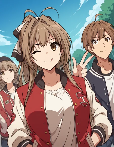 score_9, score_8_up, score_7_up, source_anime, <lora:isuzu-sento-s1-ponyxl-lora-nochekaiser:1>, isuzu sento, long hair, brown hair, bow, brown eyes, ponytail, hair intakes, antenna hair, large breasts, <lora:letterman-jacket-ponyxl-lora-nochekaiser:1>, letterman jacket, jacket,, outdoors, crowd, people, v, v over eye, one eye closed, tongue out, smile, beanie, pants, open clothes, open jacket,, cowboy shot, solo, looking at viewer, dutch angle,