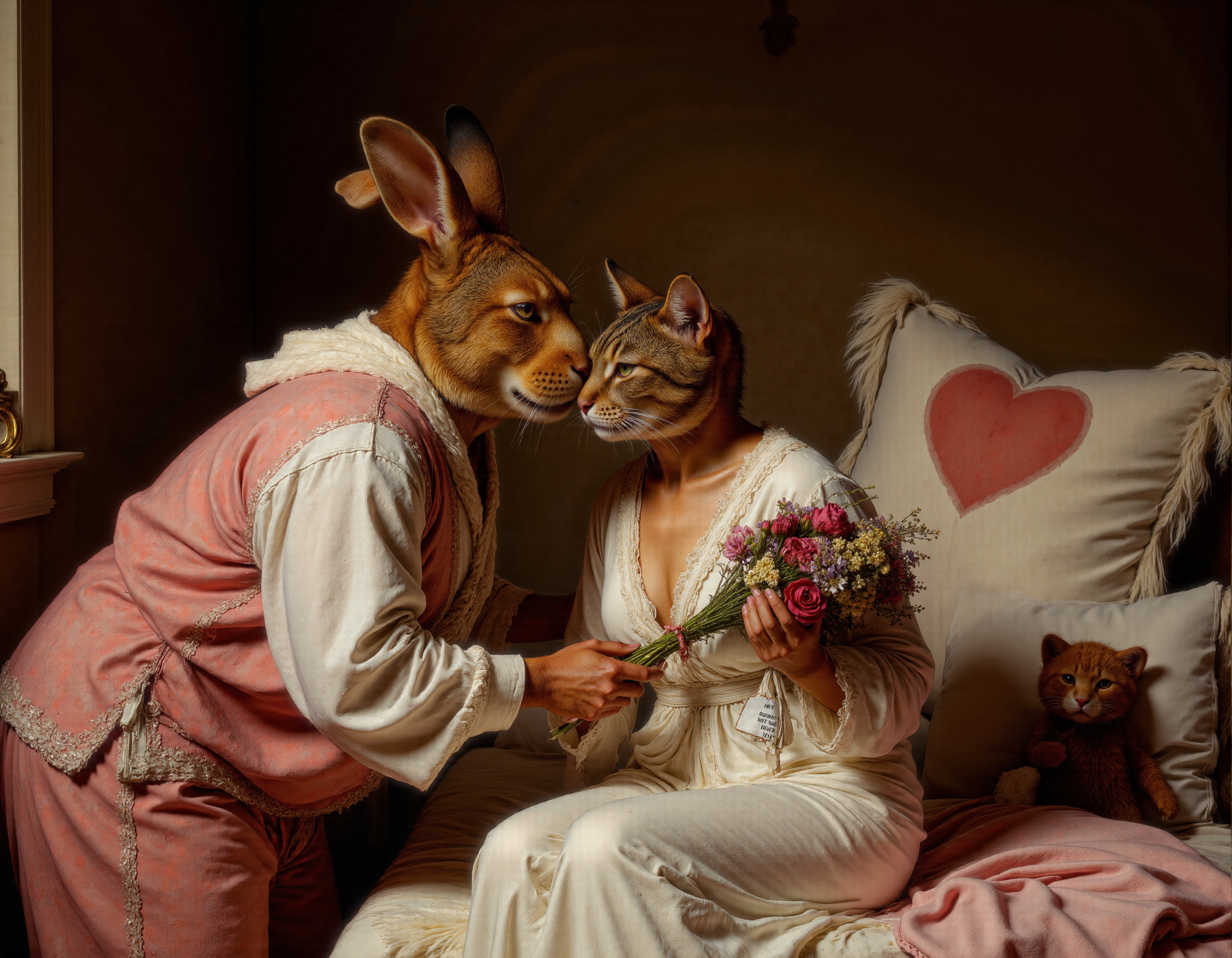 full body shot of Rembrandt style <lora:antr:1>, A comical and lighthearted scene of an anthropomorphic rabbit and cat sharing a tender yet humorous moment on a cozy bedroom bed. The rabbit, wearing mismatched pajamas or a funny nightcap, is leaning in for an awkward but sweet kiss with the cat, who is dressed in a silky robe and holding a bouquet of wildflowers like a romantic gesture. Their exaggerated facial expressions show nervousness and excitement, as if it's their first date. The bed is slightly messy, with playful details like heart-shaped pillows, a teddy bear peeking out from under the blanket, and a 'Do Not Disturb' sign hanging on the bedpost. Soft warm lighting creates a charming atmosphere, while subtle comedic elementsâlike a pet mouse hiding under the bed or a spilled glass of milkâare scattered around the room . Baroque, chiaroscuro, realistic, emotional, "flat lighting. Whole outfit, clear, sharp, balanced