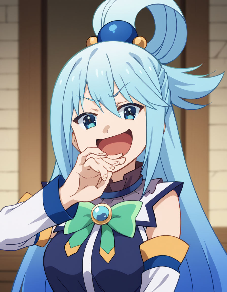 score_9, score_8_up, score_7_up, source_anime, konosubaaqua, <lora:konosuba-aqua-s2-ponyxl-lora-nochekaiser:1>, aqua (konosuba), long hair, blue eyes, hair ornament, very long hair, blue hair, hair rings, single hair ring, hair bobbles,, <lora:ojou-sama-pose-ponyxl-lora-nochekaiser:1>, ojou-sama pose, laughing, smug, hand to own mouth, open mouth,, indoors, smile,, cowboy shot, dutch angle, looking at viewer,