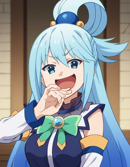 score_9, score_8_up, score_7_up, source_anime, konosubaaqua, <lora:konosuba-aqua-s2-ponyxl-lora-nochekaiser:1>, aqua (konosuba), long hair, blue eyes, hair ornament, very long hair, blue hair, hair rings, single hair ring, hair bobbles,, <lora:ojou-sama-pose-ponyxl-lora-nochekaiser:1>, ojou-sama pose, laughing, smug, hand to own mouth, open mouth,, indoors, smile,, cowboy shot, dutch angle, looking at viewer,