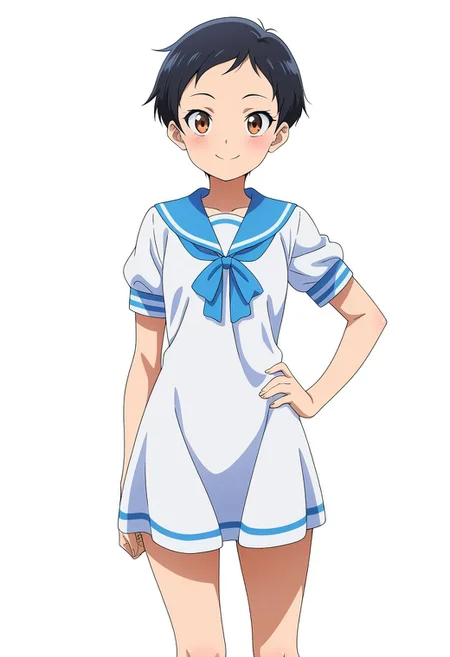 masterpiece, best quality, amazing quality, anime coloring, anime screencap, 1girl, solo, very short hair, black hair, smile, hand on own hip,  simple background, white background,  sailor dress,