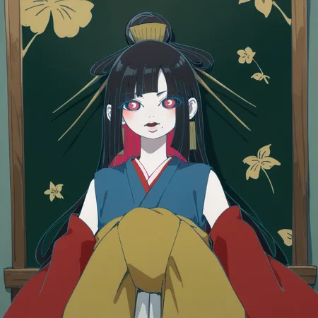 Impressionist painting, score_9, score_8_up, score_7_up, score_6_up, score_5_up BREAK t1u5, 1girl, mole under mouth, colored sclera, pink eyes, symbol-shaped pupils, long hair, black hair, blue kimono, sleeveless, earrings, hair stick, hime cut, sidelocks, hair ornament, colored inner hair, yellow obi, red sleeves, detached sleeves, cowboy shot, pale skin, looking at viewer, solo, <lora:tukiGirlPDXL16v0.95cametx1-000008:0.8>, Loose brushwork, vibrant color, light and shadow play, captures feeling over form