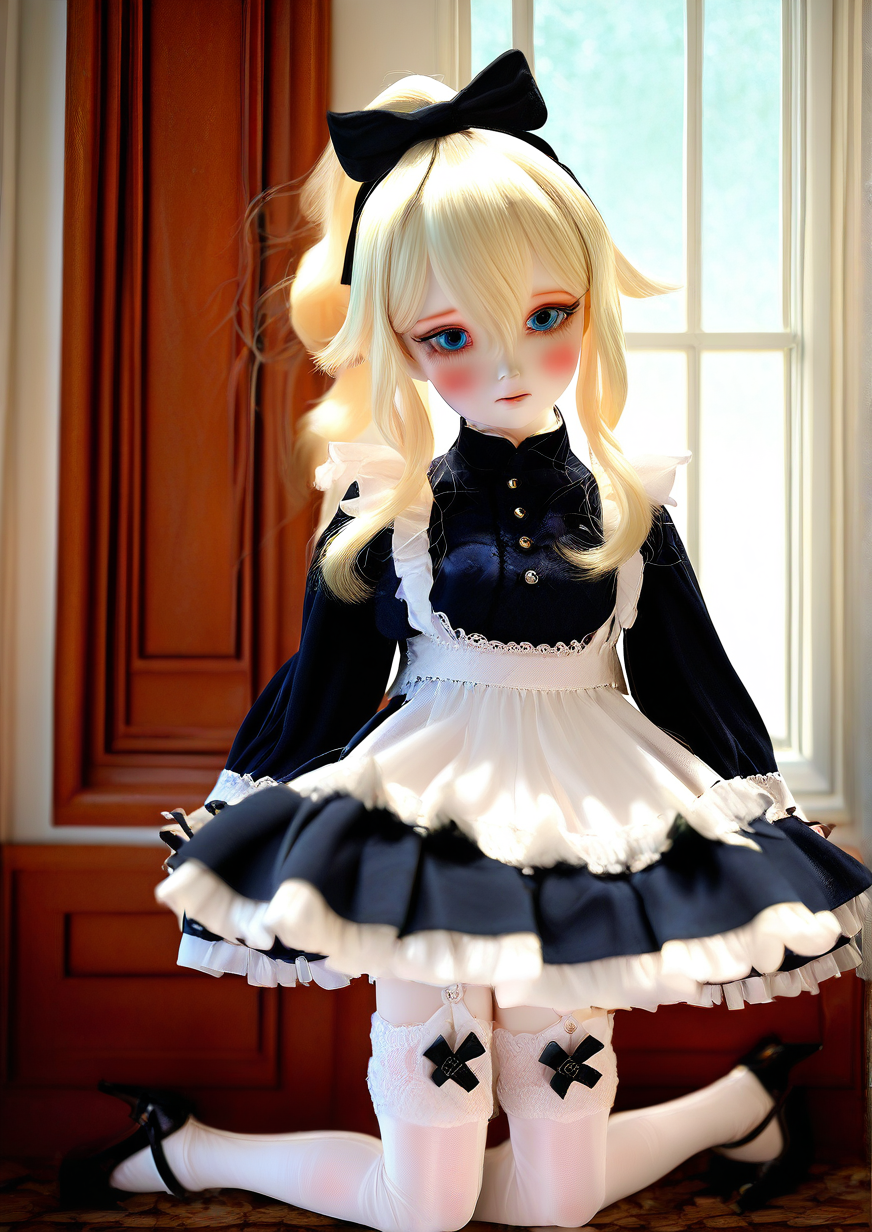 <lora:PIPOS:1.2>,1girl, jean (genshin impact), detailed background, child, kid, nomal eyes style, alternate costume, apron, black bow, black dress, blonde hair, blue eyes, blush, bow, breasts, clothes lift, dress, dress lift, enmaided, frills, garter straps, hair bow, high heels, indoors, kneeling, lifted by self, long hair, looking at viewer, maid, maid apron, ponytail, pumps, solo, thighhighs, thighs, white thighhighs, window, 
very awa, masterpiece, best quality, highres, absurdes,amazing quality,year 2024,newest
