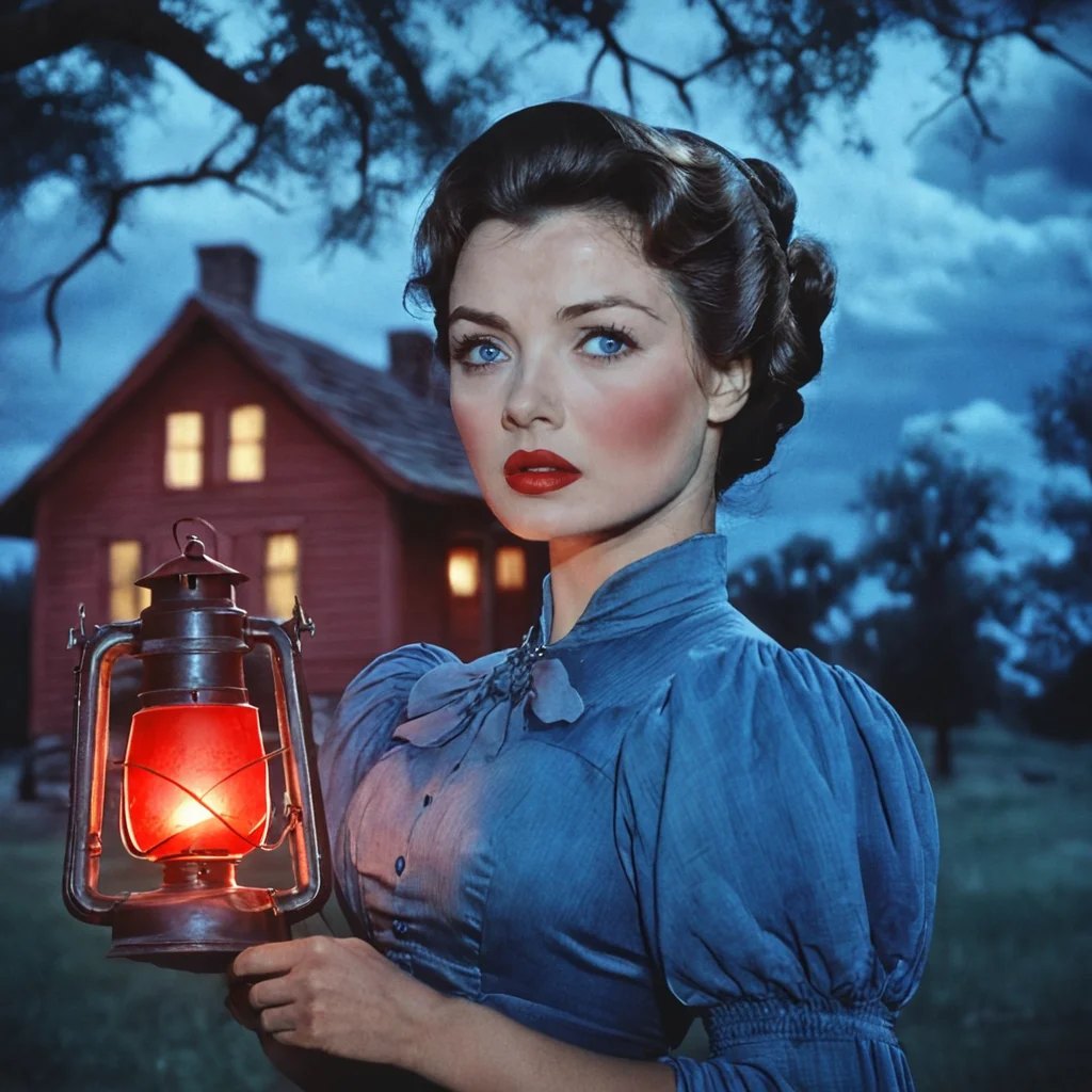 <lora:40s_Western_MovieSDXL:1> ArsMovieStill, movie still from a 1940s western movie, The image shows a woman in a blue dress holding a lantern in front of a house with a tree in the background and a sky with clouds., Woman, solo, dress, outdoors, lantern, holding, blue eyes, cloud, red lips, looking at viewer