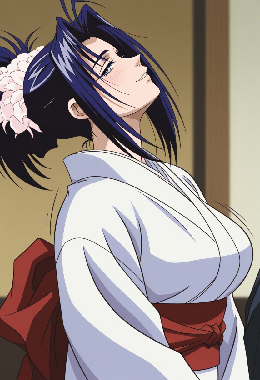 masterpiece, best quality, newest, highres, uncensored, 1girl, yokota mamoru style,1girl, slender face，motion lines,blush,looking at the viewers,torogao,seductive smile
Amou Miyuki OVA,Black Hair, Blue Hair, Curtained Hair, Parted in Middle, Ponytail, Waist Length Hair,Blue Eyes, Tareme Eyes,Big Breasts,
1girl, japanese clothes,kimono, profile, hair up, solo, blurry, headdress, solo focus, uchikake