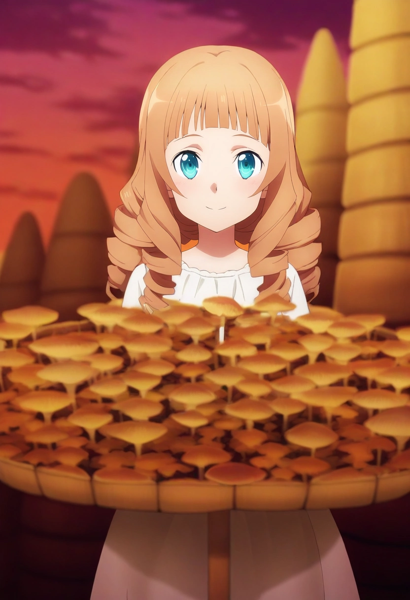 masterpiece, best quality, anime screencap, , , depth of field, 1girl, turquoise eyes, auburn hair, ringlets, chignon,, solo, fairy market, mushroom stalls, light wares, flower paths, shopping pose, delighted expression, twilight, <lora:sao_alicization_style_ilxl:0.88>, sao_alicization_style,