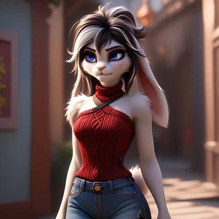 digital_media_(artwork) hi_res, score_9, score_8_up, score_7_up, score_6_up, score_5_up, score_4_up, rating_safe, beautiful, intricate, high quality details, highly detailed, amazing quality, anthro, furry, female, detailed textured fur, fur tufts, fluffy,  cute, small, detailed sexy eyes, solo, SFW, rabbit, lop ears, expressive, sassy, long sleeveless halter neck sweater, baggy denim pants, clothed slim, clothed slender, clothed skinny, multicolored hair, streaked hair, absurdres, highres, goth, heavy eyeliner, heavy eye shadow, breasts,