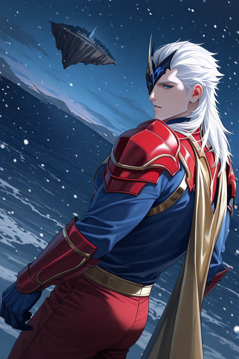 realistic shading, dark environment, dim lighting, expressive face, looking back, pierrogi, white_pierrogi_long hair, black-blue-gold_pierrogi_one eye mask, blue eyes, manly, 1boy, parted lips, furrowed brows, serious, cowboy shot, standing, red armor, blue shirt, blue gloves, red pants, gold cape, dark cold outdoors, cliff, snowing, winter, sunset, floating island, ocean horizon, from behind, dutch angle, dynamic angle, depth of field, atmospheric perspective, intricately detailed illustration, masterpiece, best quality, amazing quality, very aesthetic, absurdres, newest