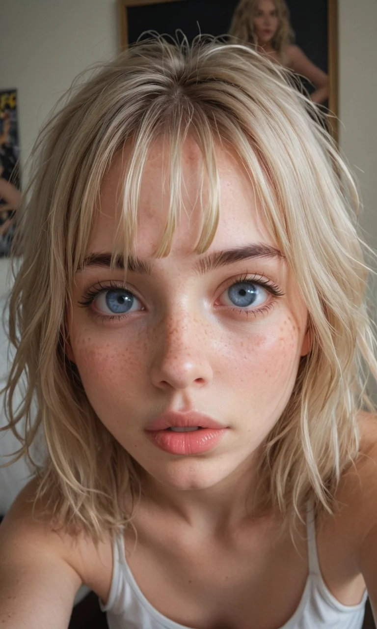 4k selfie with a surprised "o"-expression, deep focus, split-diopter lens. close-up, focus on her eyes. cluttered bedroom, posters on walls, ring lighting. long shaggy blonde (bangs between eyes, dark blue eyes, freckles, blush, natural lips, natural eyes, messy hair, black eyebrows, pierced eybrow) taking a selfie (iphone camera).. bent forward, mirror behind in distance, her back can be seen (reflection)