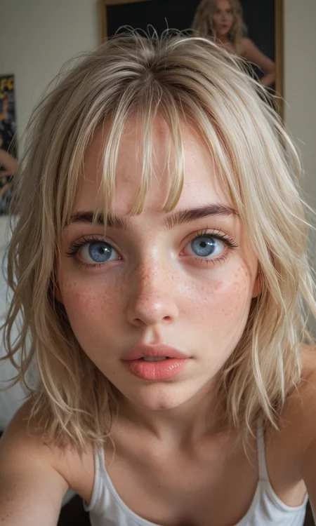 4k selfie with a surprised "o"-expression, deep focus, split-diopter lens. close-up, focus on her eyes. cluttered bedroom, posters on walls, ring lighting. long shaggy blonde (bangs between eyes, dark blue eyes, freckles, blush, natural lips, natural eyes, messy hair, black eyebrows, pierced eybrow) taking a selfie (iphone camera).. bent forward, mirror behind in distance, her back can be seen (reflection)