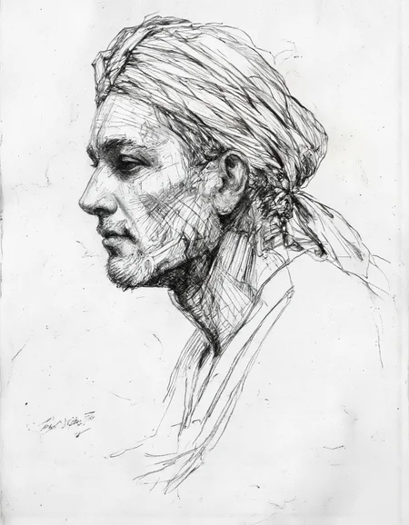 This is a highly detailed, monochromatic pencil drawing of an elderly man's profile, captured in a realistic style on crumpled paper.
The subject is depicted from the shoulders up, facing slightly to the right, with a contemplative expression on his face. His skin is textured with fine lines and shading, indicating a deep understanding of light and shadow, giving a sense of age and wisdom. The man has a full, neatly groomed beard and mustache, adding to his distinguished appearance. His head is covered with a turban, which is meticulously drawn with intricate lines to suggest its fabric texture. The background is plain white, ensuring that the focus remains entirely on the subject. The artist has used cross-hatching techniques to create depth and dimension, particularly in the face and hair, which appear to have a soft, velvety texture. The drawing is signed and dated in the lower left corner, indicating the artist's name and the year it was created. The overall mood of the drawing is somber and introspective, emphasizing the subject's experience and wisdom. <lora:Sketch:0.9> <lora:Gabriel_Moreno:0.75>