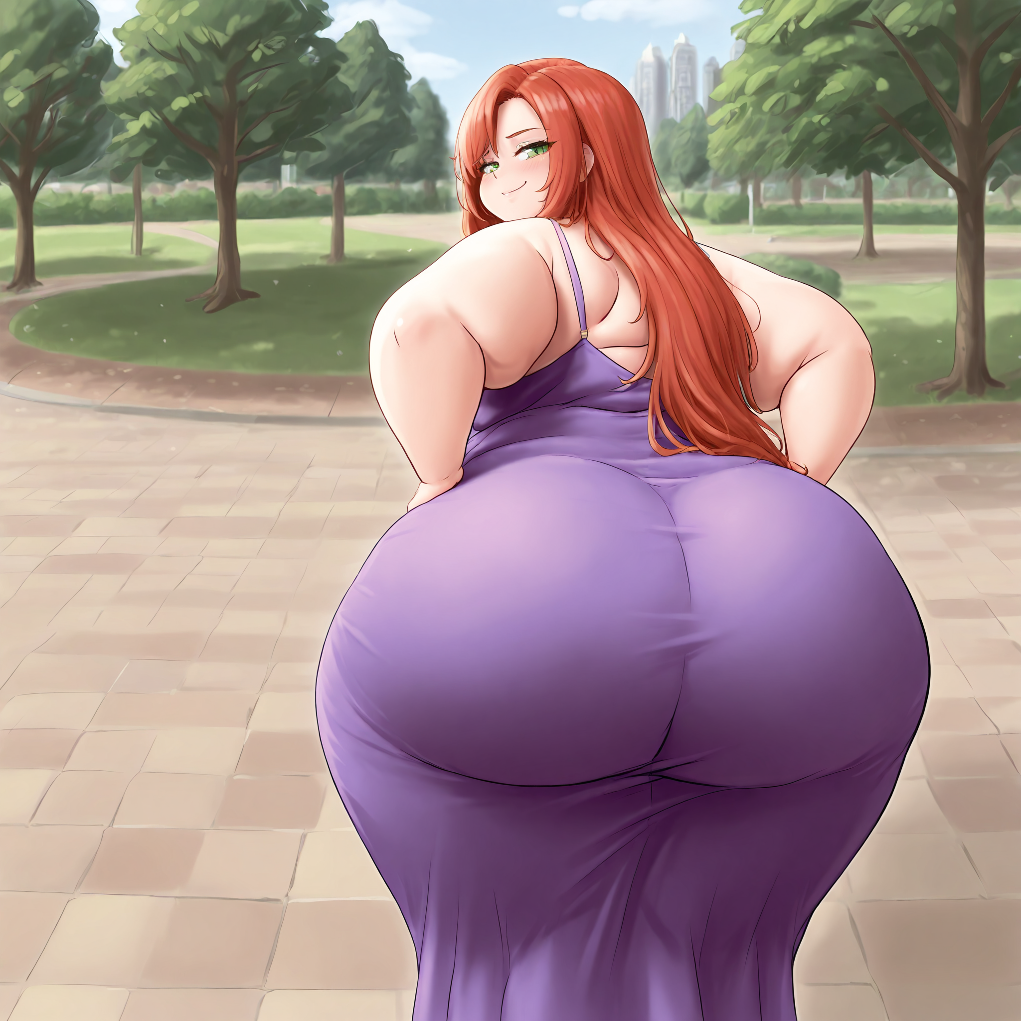 (masterpiece), best quality, (highly detailed), 1female, solo, <lora:TheBreadGuardian_style_Illustrious:0.8>, park, purple dress, from behind, huge ass, hands on hips, red hair, long hair, green eyes, smug, looking back,