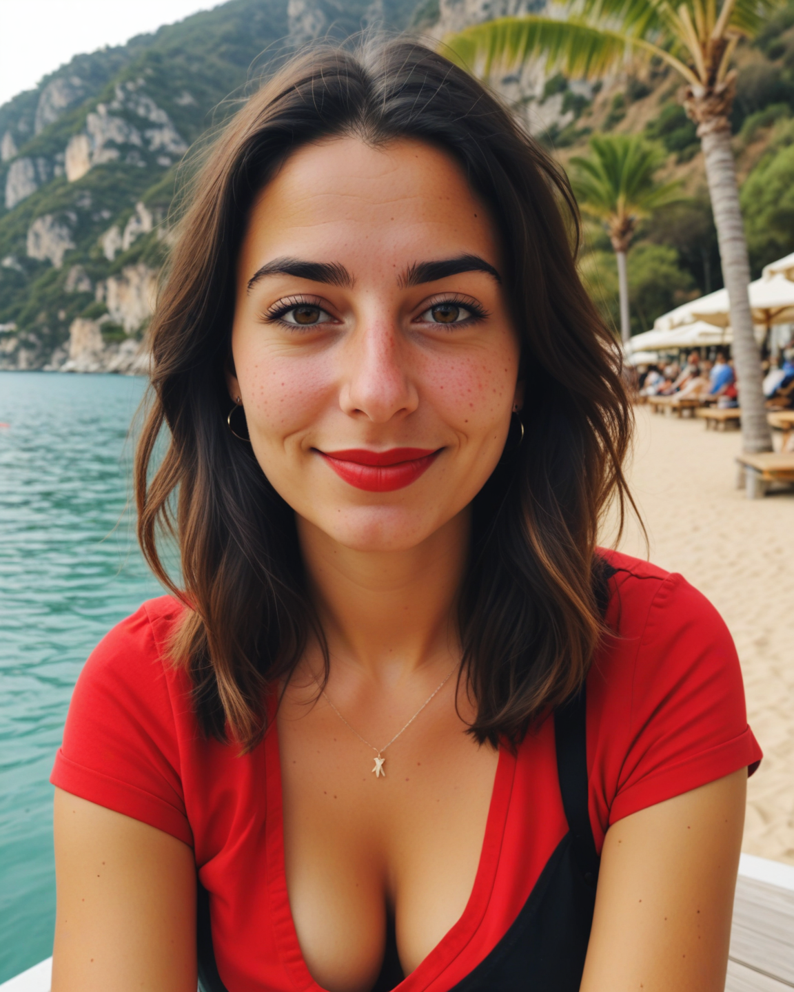 tinder photo of  italian 30 y.o. girl in red and black shirt, slightly ugly face, on holiday