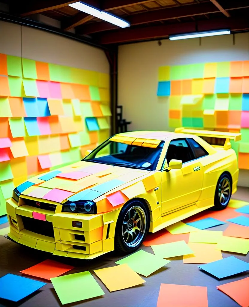a nissan skyline gt-r made of StickyNotes in morning, garage <lora:StickyNotesStyle:0.9> Jed-StickyN,