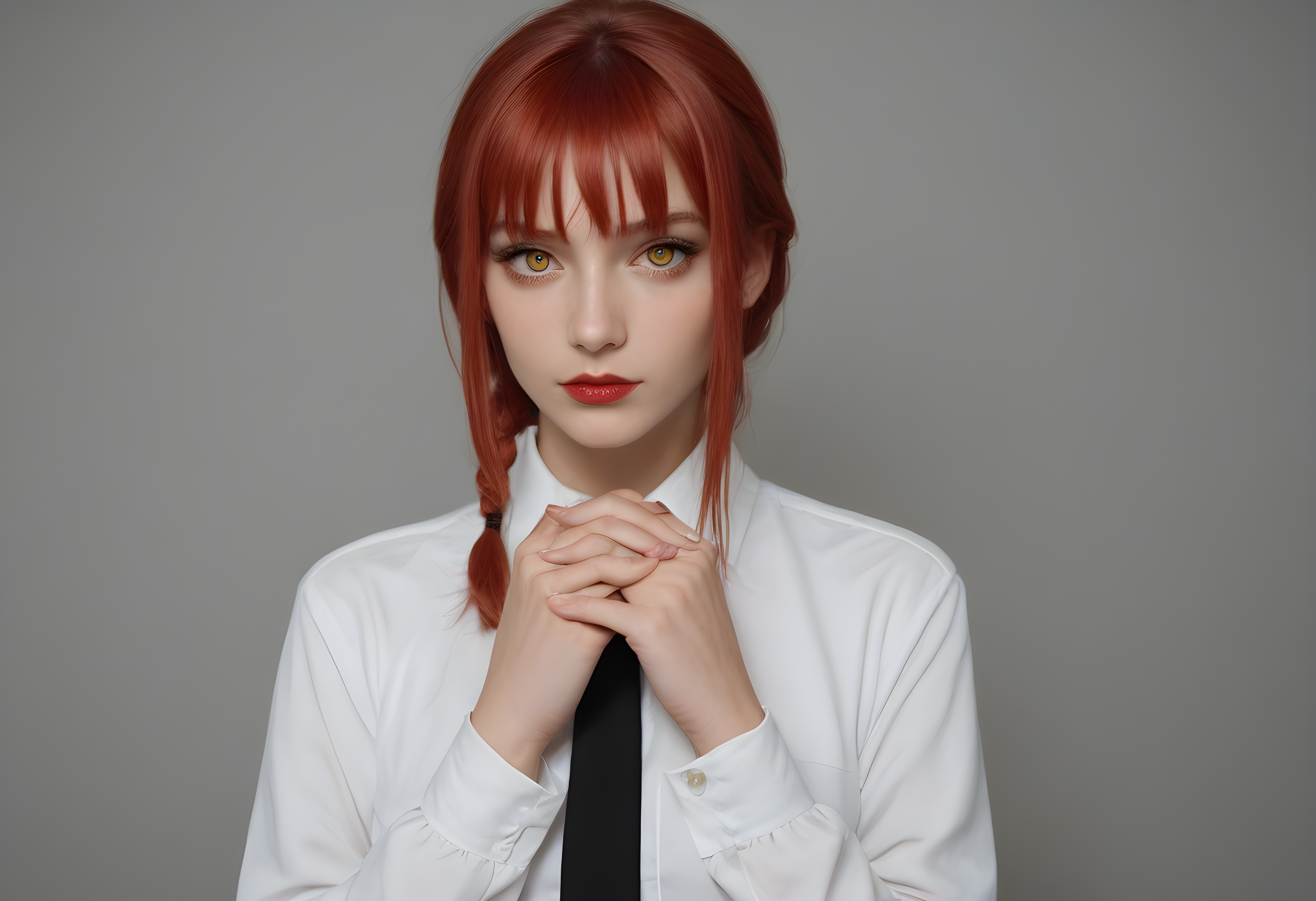 score_9, score_8_up, score_7_up, BREAK, The image shows a woman with long red hair wearing a white shirt and black tie, posing for a picture against a white background. realistic, makima \(chainsaw man\), 1girl, solo, long hair, looking at viewer, bangs, simple background, shirt, long sleeves, white background, closed mouth, yellow eyes, white shirt, braid, sidelocks, red hair, cowboy shot, necktie, collared shirt, belt, pants, grey background, black pants, own hands together, black necktie, buckle, black belt, braided ponytail, belt buckle, red lips, ringed eyes,  photo, real hair, detailed skin, highly detailed, detailed skin, film grain, <lora:zy_AmateurStyle_v2:0.45>