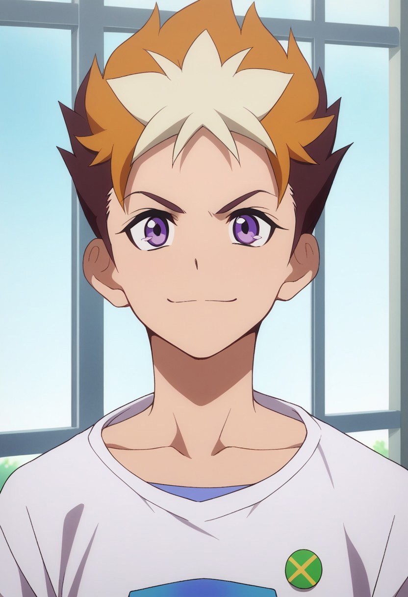 score_9, score_8_up, score_7_up, source_anime, highly detailed, 
subaru, 1boy, male focus, solo, purple eyes, brown hair, multicolored hair, t-shirt, collarbone,
orange hair, two-tone hair, spiked hair, short sleeves, short hair, standing, upper body, 
indoor, window, smile, closed mouth, determined,